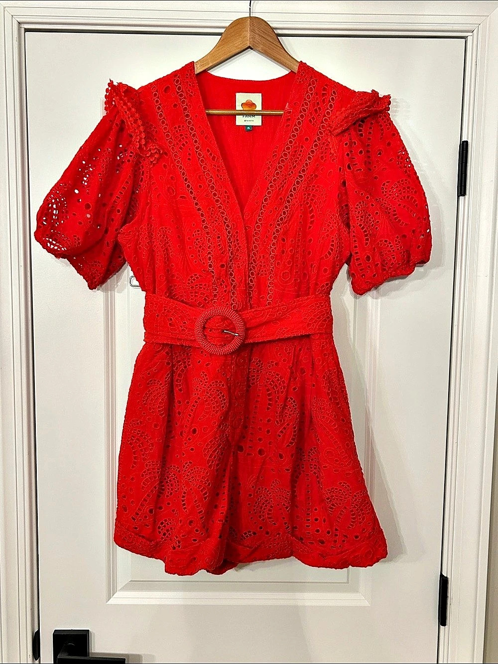 Farm Rio Red Eyelet Beaded Belt Romper Red XL